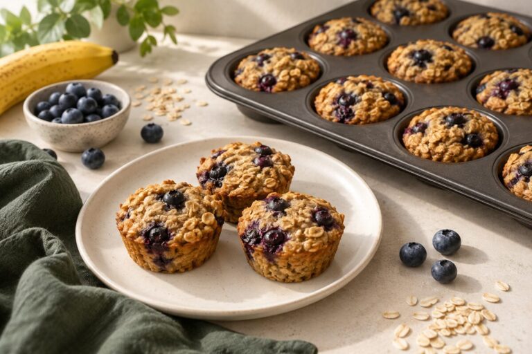 Banana blueberry baked oatmeal cups with visible rolled oats beside a muffin pan