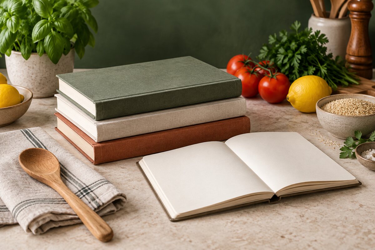 Stack of unbranded cookbooks beside fresh ingredients and an open recipe notebook