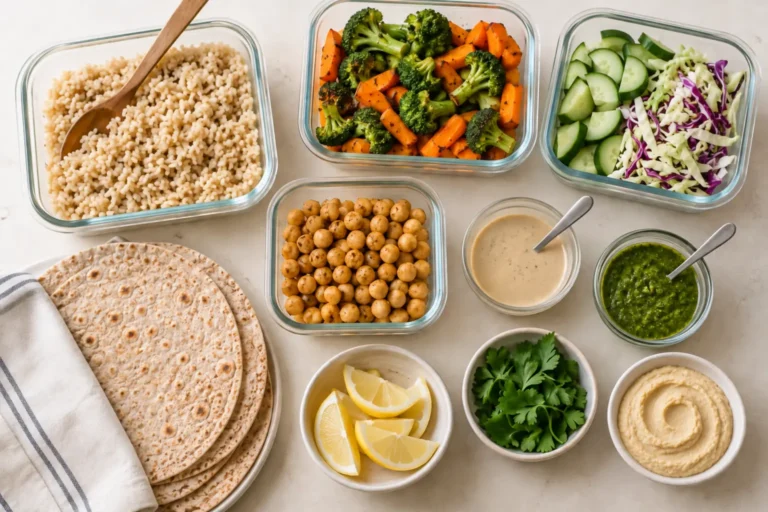 Meal-prep components including brown rice, roasted vegetables, chickpeas, wraps, sauces, and hummus