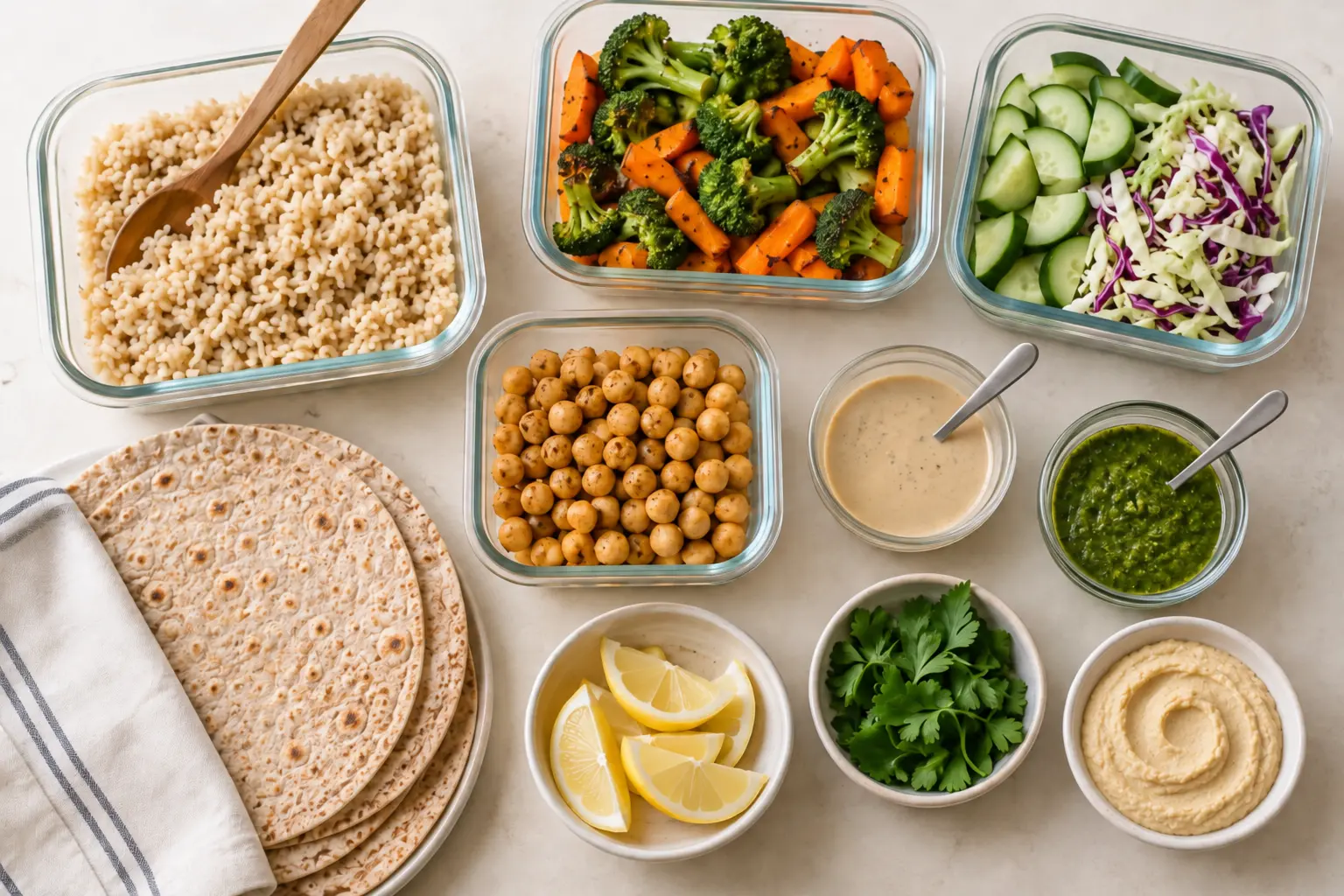 Meal-prep components including brown rice, roasted vegetables, chickpeas, wraps, sauces, and hummus