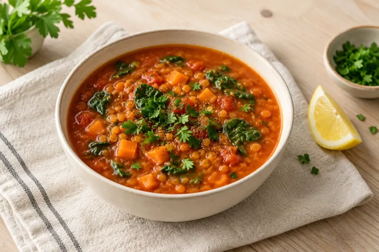 Bowl of red lentil tomato soup with carrots, spinach, parsley, and a lemon wedge