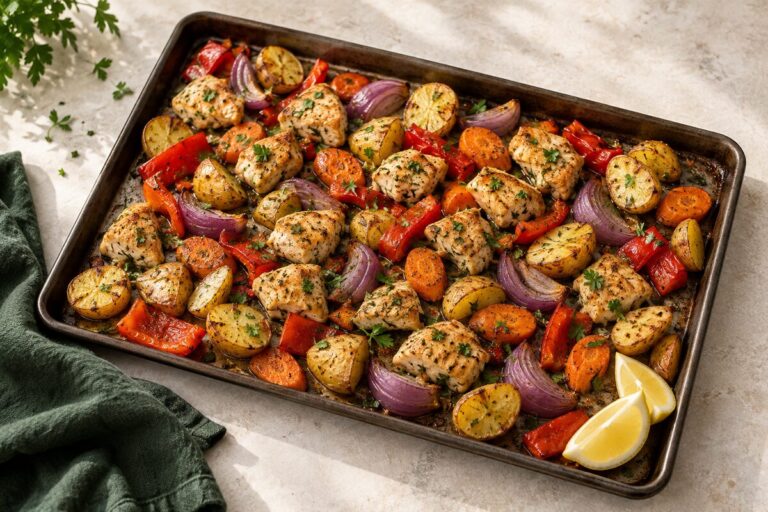 Sheet pan with lemon-herb chicken, roasted potatoes, carrots, bell pepper, and red onion